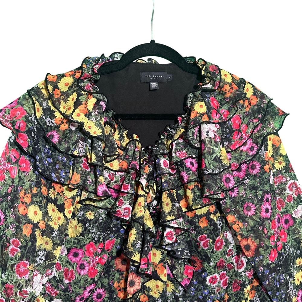 Ted Baker Amell Floral Ruffle Blouse Black Garden Print‎ Cottagecore Sz 4 US 10 - Picture 8 of 16